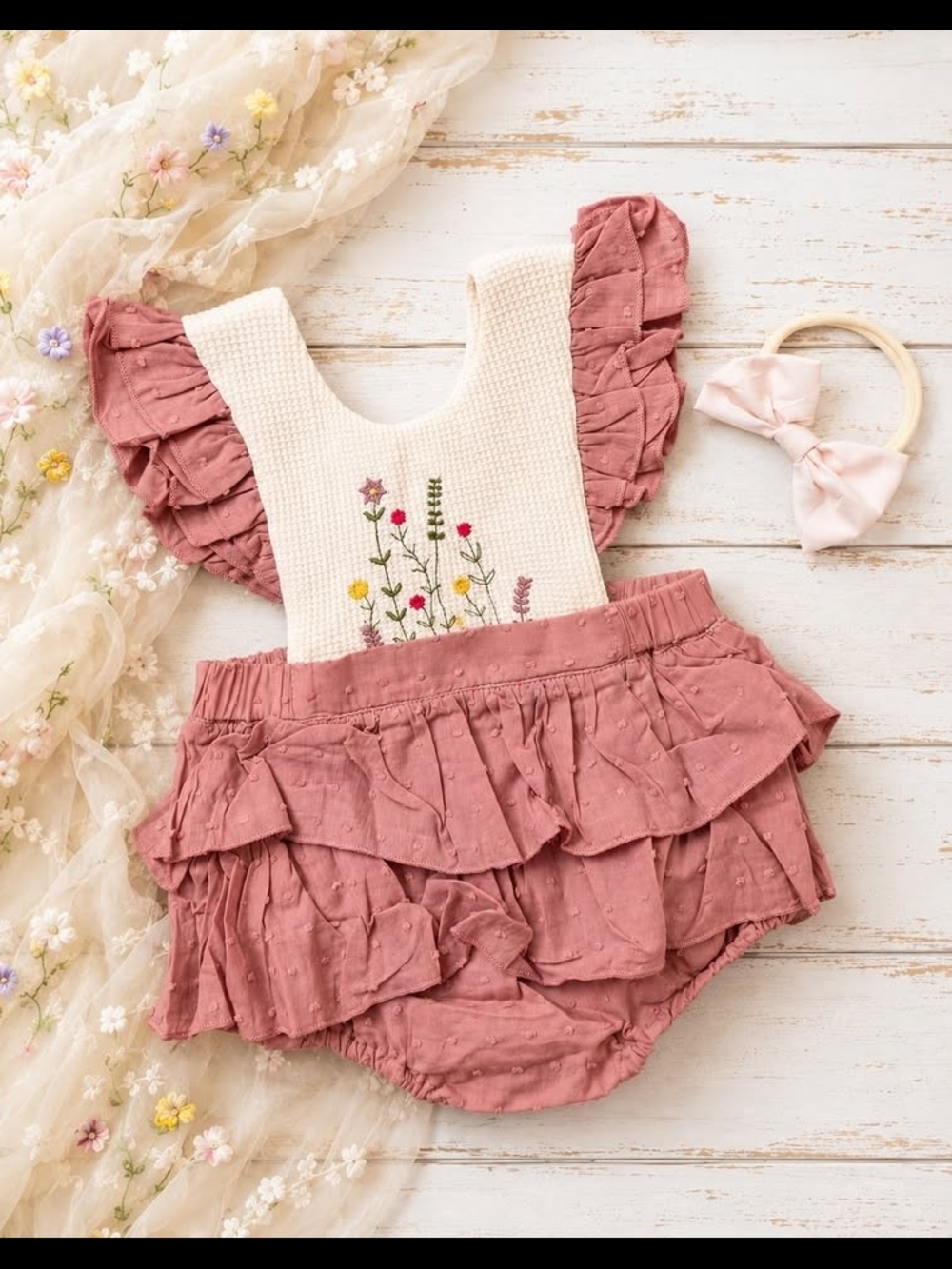Embroidered Wildflower Romper - Ruffle Details